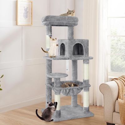 ODM diseña un árbol gris de gatos de varios niveles con hamaca de condominio y un poste de rascado