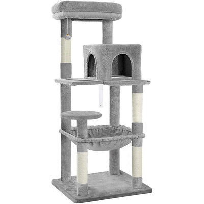 ODM diseña un árbol gris de gatos de varios niveles con hamaca de condominio y un poste de rascado