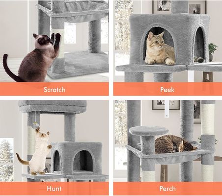 ODM diseña un árbol gris de gatos de varios niveles con hamaca de condominio y un poste de rascado