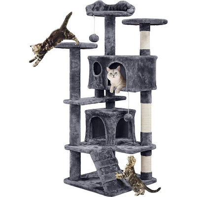 OEM/ODM Custom Luxury Dark Grey Plush Wood Villa de gatos de varios pisos con árbol de escalada