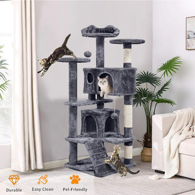 OEM/ODM Custom Luxury Dark Grey Plush Wood Villa de gatos de varios pisos con árbol de escalada