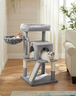 Árbol de gato gris claro sustentable con torre de juguete de gatos condominio casa de gatos y perca de peluche acolchada