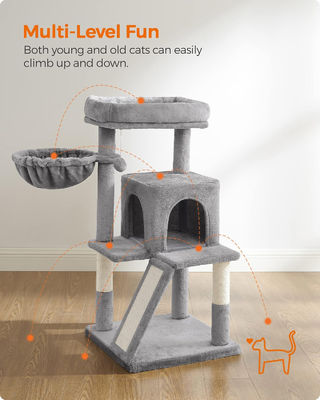 Árbol de gato gris claro sustentable con torre de juguete de gatos condominio casa de gatos y perca de peluche acolchada
