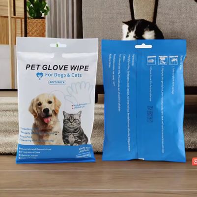 Logotipo personalizado aceptable 6PCS Pack guantes de limpieza para mascotas para aseo de PET toallitas húmedas