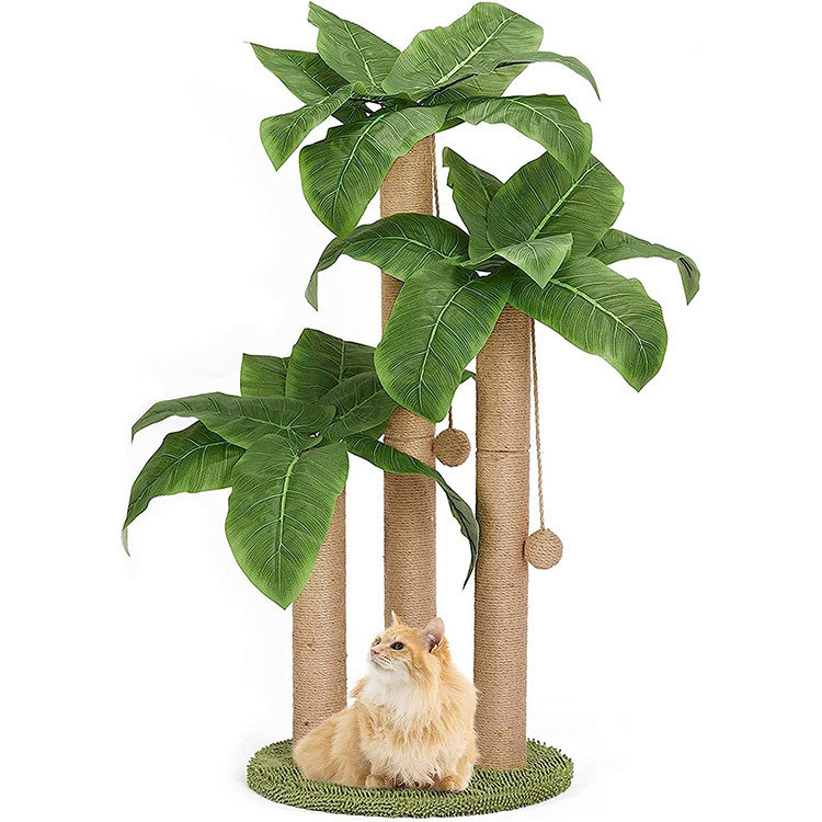 Cuadro de escalada de palma de coco de gato con palo de rascado natural de sisal y bolas colgantes