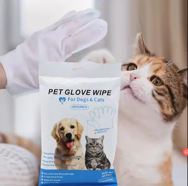 Paquete azul no tejido limpieza desechable guantes de aseo para mascotas toallitas húmedas para perros gatos